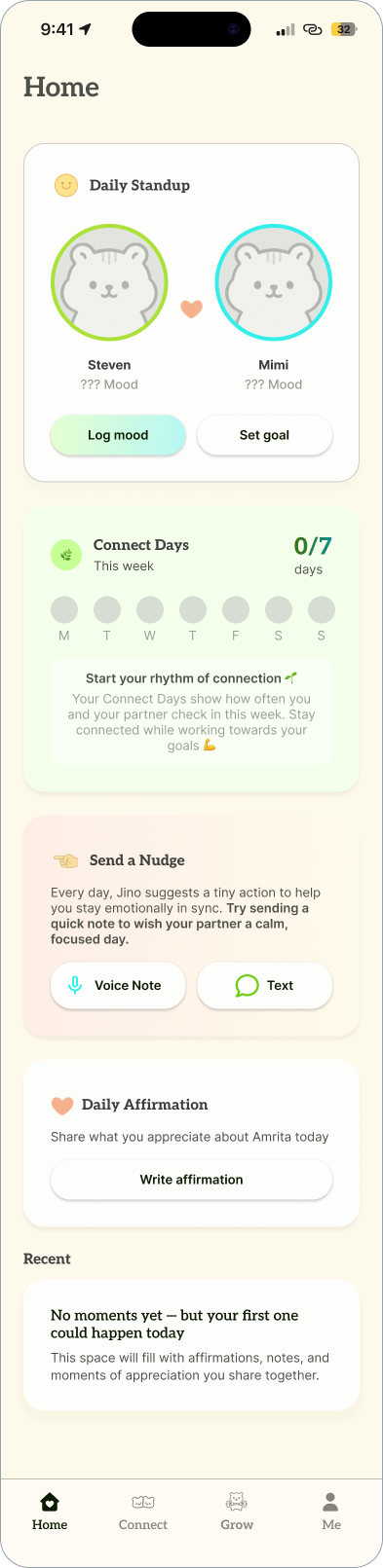 Jino home screen empty state, panning to reveal the full screen inside an iPhone mockup