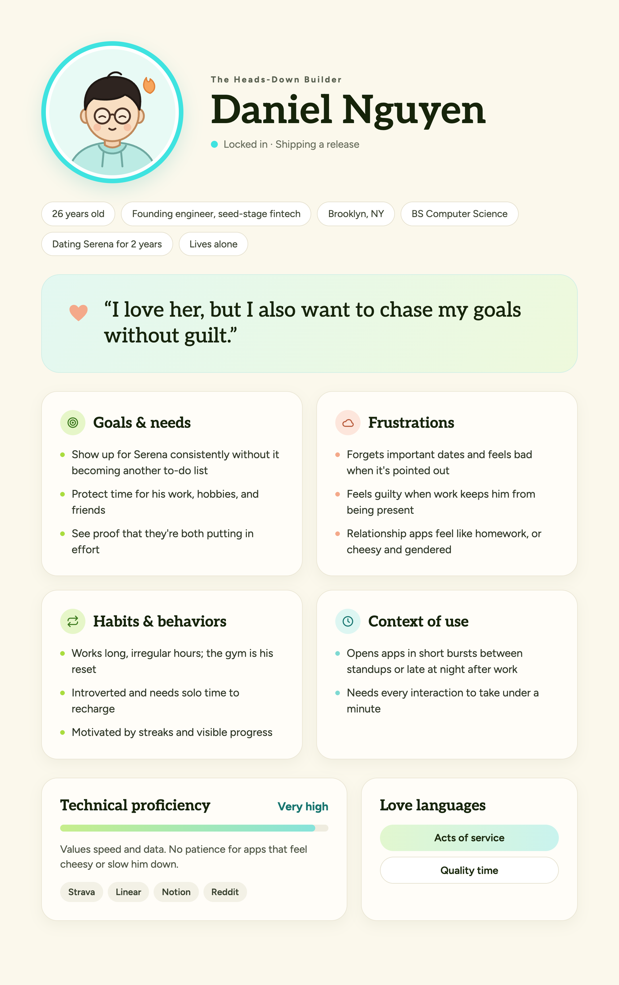 Persona: Daniel Nguyen, "The Heads-Down Builder" — the partner who needs a low-effort way in