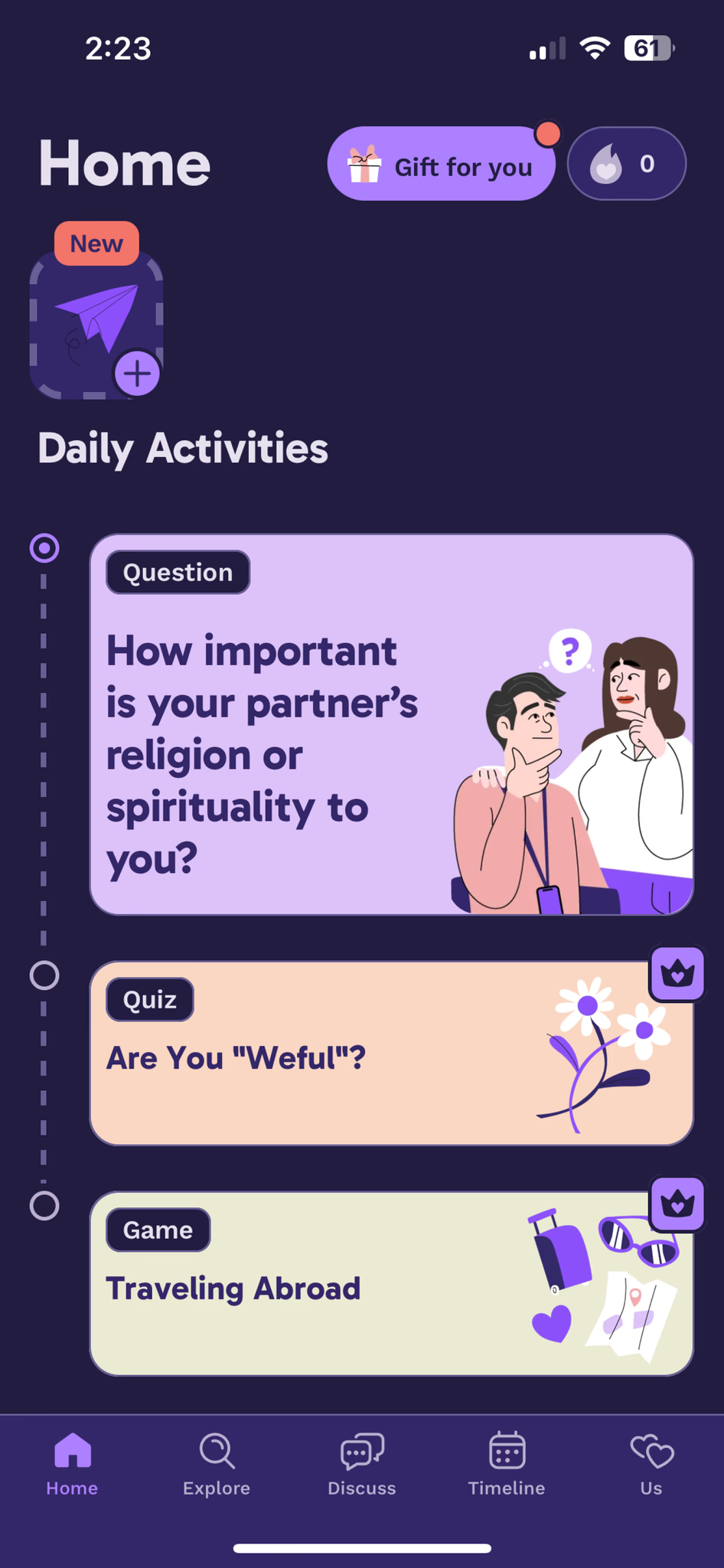 Premium Western relationship app screenshot with daily question, quiz, and game activities