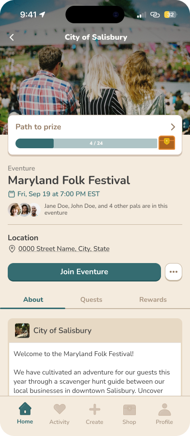 Redesigned Eventure profile screen