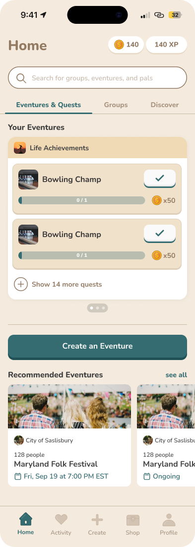 The redesigned Home screen, cycling through Eventures & Quests, Groups, and Discover inside an iPhone mockup