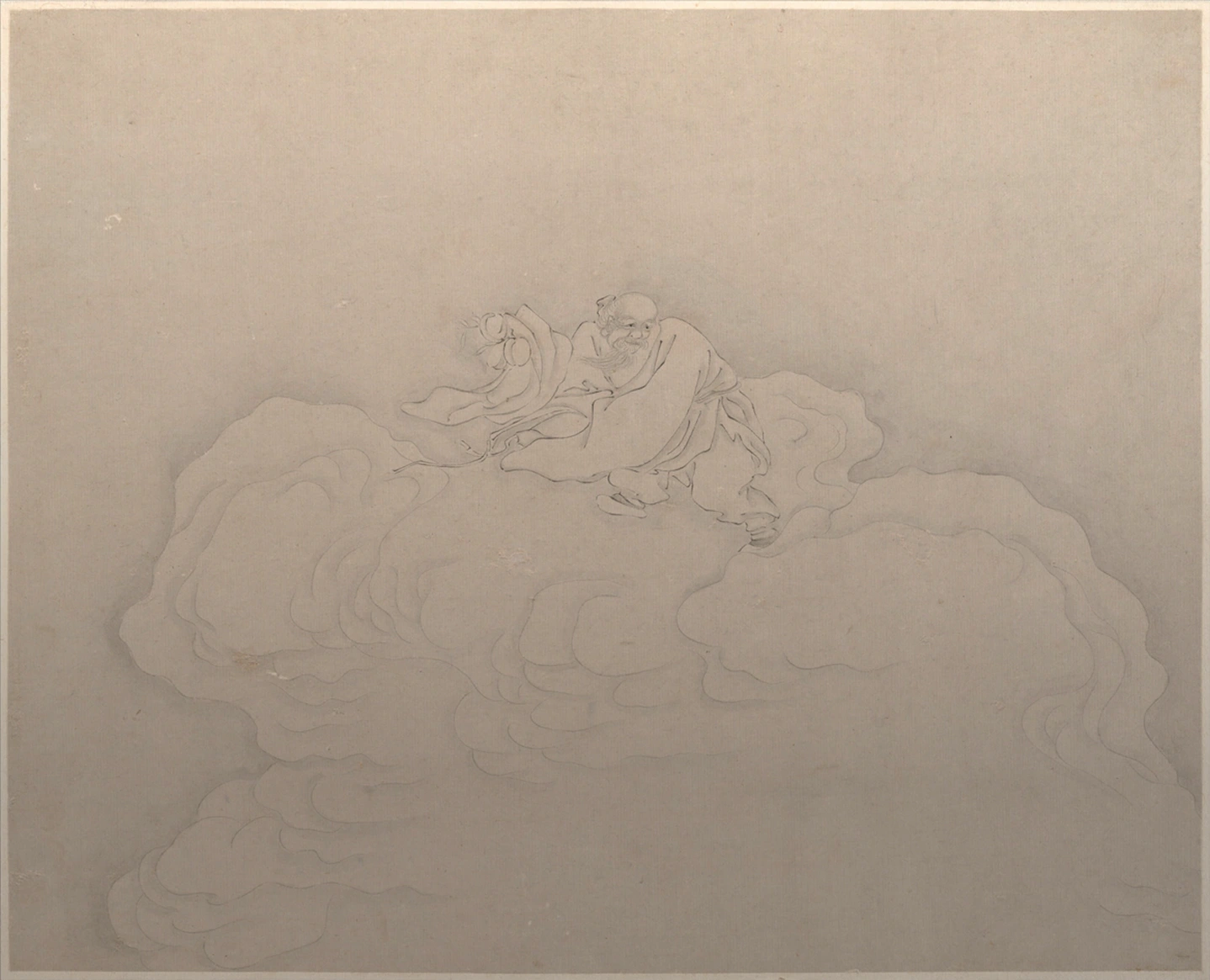 Ink painting of an immortal reclining on a billowing cloud, holding a pair of peaches